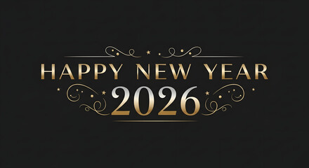 Obraz premium Elegant Happy New Year 2026 Gold Text with Ornate Swirls on a Dark Background.