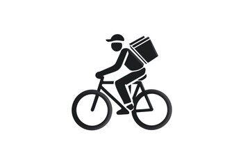 Delivery person riding bicycle with package, simple black silhouette on transparent background. background removed