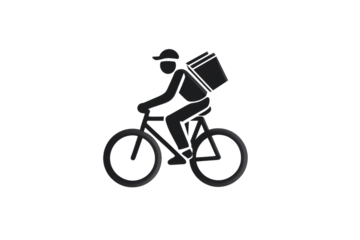 Delivery person riding bicycle with package, simple black silhouette on transparent background. background removed