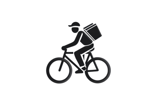 Delivery person riding bicycle with package, simple black silhouette on transparent background. background removed
