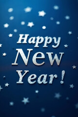 Sparkling silver text "Happy New Year!" on vertical blue background with star confetti, for seasonal greetings and social media