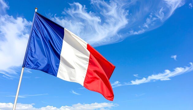 French flag waving in a clear blue sky.