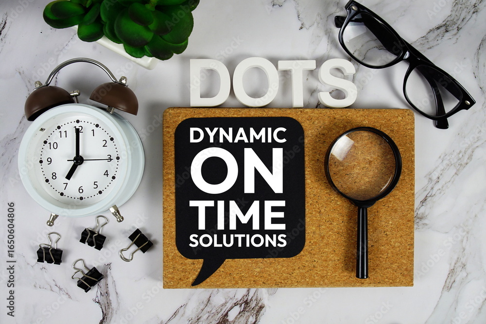 Poster dots - dynamic on time solutions acronym with alarm clock and magnifying glass, business concept bac