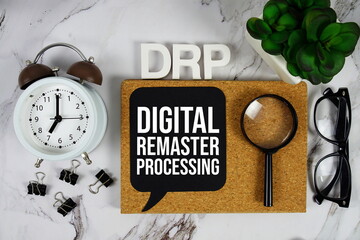 DRP - Digital Remaster Processing acronym with alarm clock and magnifying glass, Data management...