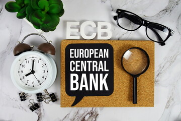 ECB - European Central Bank acronym with alarm clock and magnifying glass, financial concept...