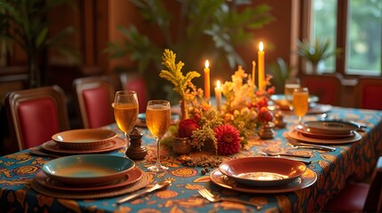 Elegant Dining Table Set with Warm Candlelight and Festive Decor