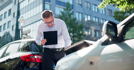 Insurance Agent Inspecting Wrecked Car After Accident