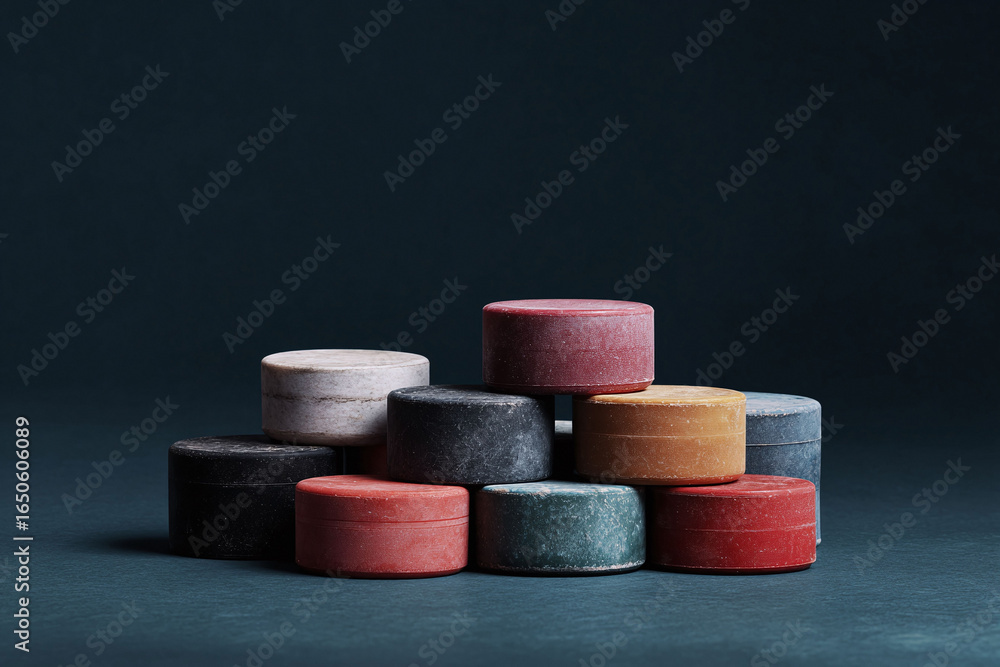 Aufkleber stacked colorful cylinders on dark backdrop create a unique visual texture. use for concepts like ba