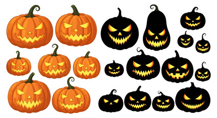 Spooky Halloween pumpkins glowing with scary faces, perfect for invitations and decorations, black and orange © Muflif