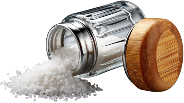 Salt Dispenser with Fresh Salt: A close-up shot reveals an overturned salt dispenser, with a fresh, pristine salt gently cascading out. The transparent glass and wooden lid contrast elegantly.