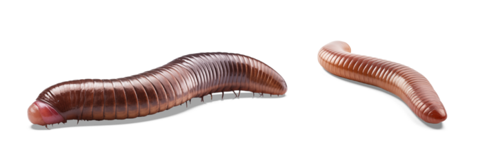 Earthworm Duo: A close-up shot showcases two earthworms, their segmented bodies and reddish-brown hue stand out against the plain background.