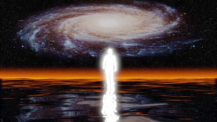 Man walks on the water in the night with a spinning galaxy reflecting  - Powered by Adobe