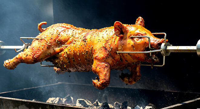 Greece &ndash; Kontosouvli (Whole Pork Spit Roast). an entire suckling pig (kontosouvli) slowly rotating on a heavy-duty metal spit 
