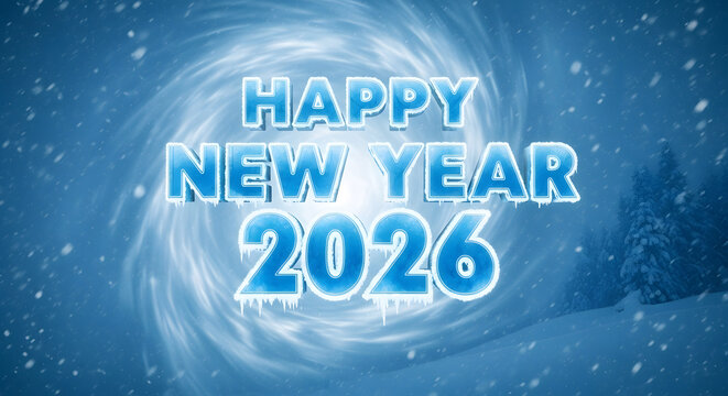 Happy New Year 2026 Winter Greeting with Glowing Blue Text and Swirling Snow.