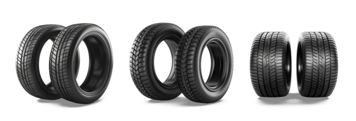 Tires Pairs in Group: A curated series of car tires, each meticulously detailed with textured patterns, creating a composition focused on automotive industry.