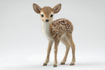 Adorable fawn isolated on white background standing in studio looking at camera with innocent expression and cute face