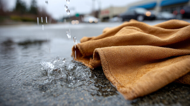 Brown cloth lying on wet urban street with falling rain droplets. - Powered by Adobe