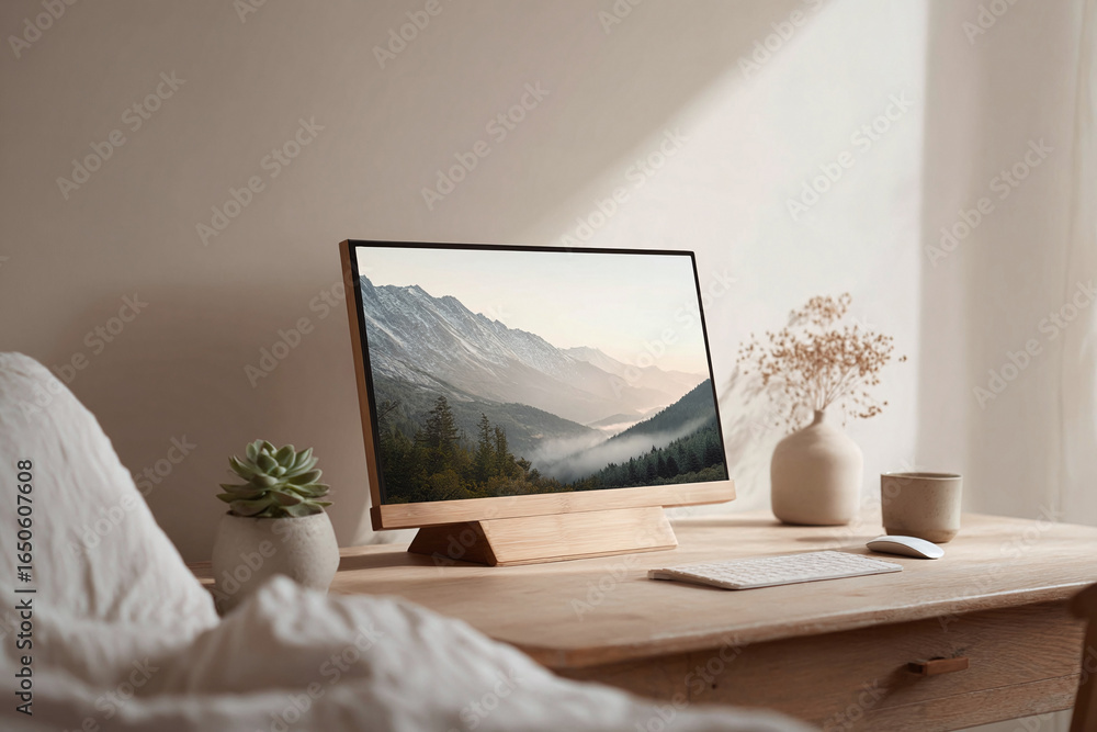 Poster serene workspace featuring a modern display with a mountain landscape. ideal for themes of remote wo