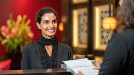 Hotel Receptionist Assisting Guest with Documents