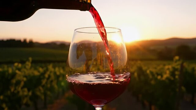 Wine pouring into a glass against a vineyard and sunset