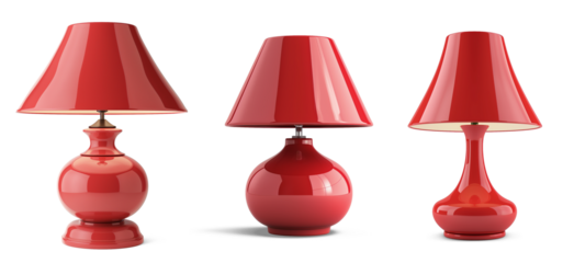 Elegant Trio of Red Lamps: Three stylish, red lamps showcasing a classic design, radiate warmth and add a touch of sophistication to interior spaces.
