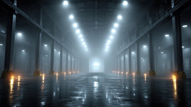 A dark warehouse filled with fog and minimalist lights 
