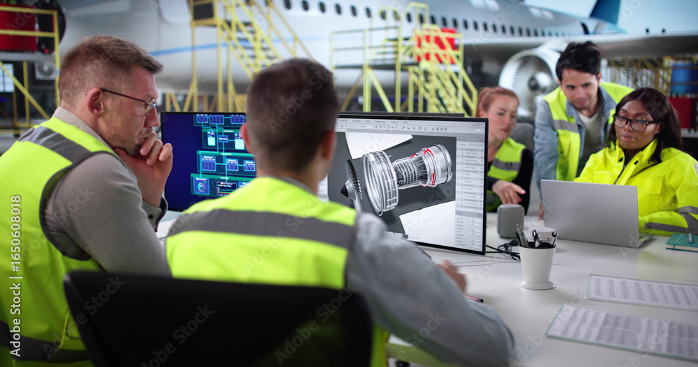 Poster diverse aircraft maintenance team using 3d software to check engine