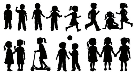 Silhouette group of children playing, running, jumping, and holding hands in joyful youthful innocence