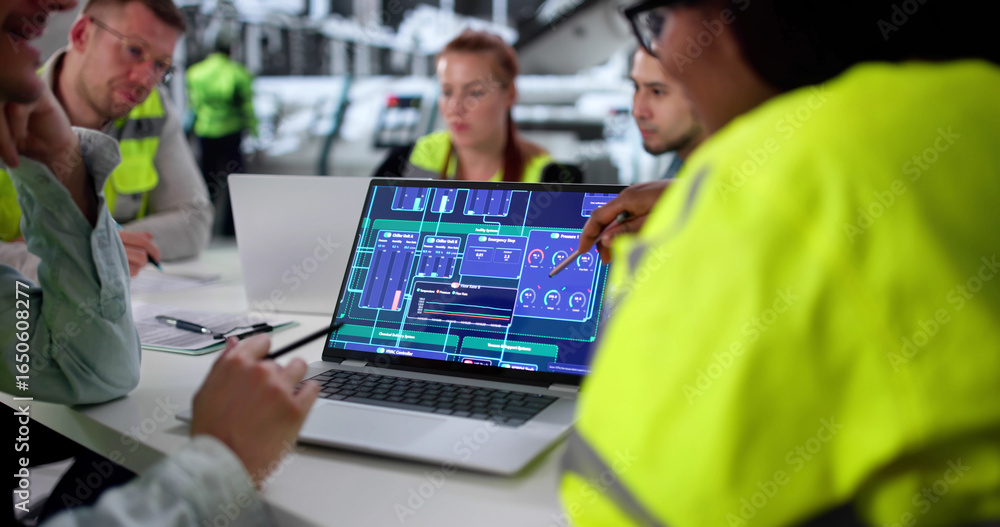 Aufkleber diverse industrial automation team checking scada on computer