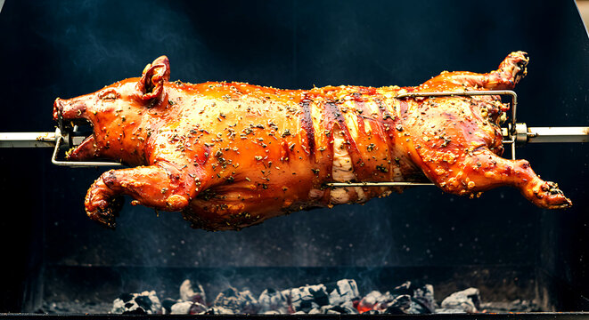 Greece &ndash; Kontosouvli (Whole Pork Spit Roast). an entire suckling pig (kontosouvli) slowly rotating on a heavy-duty metal spit 