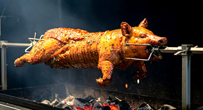 Greece &ndash; Kontosouvli (Whole Pork Spit Roast). an entire suckling pig (kontosouvli) slowly rotating on a heavy-duty metal spit 