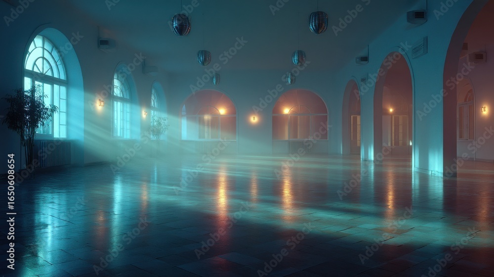 Poster empty dancefloor with pulsating ambient light, minimal style