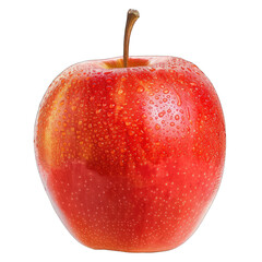 Close-up of a single, vibrant red apple.  Covered in small water droplets,  a stem is visible.  Smooth, glossy skin