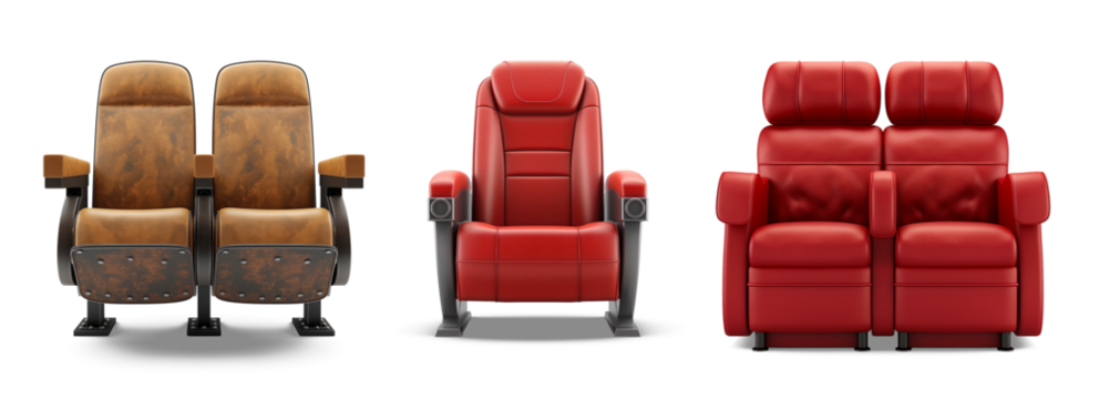 Seats in Theater: A neat collection of comfortable theater seats in a row of colors, offering viewers an overview of the available seating in the venue.  - Powered by Adobe