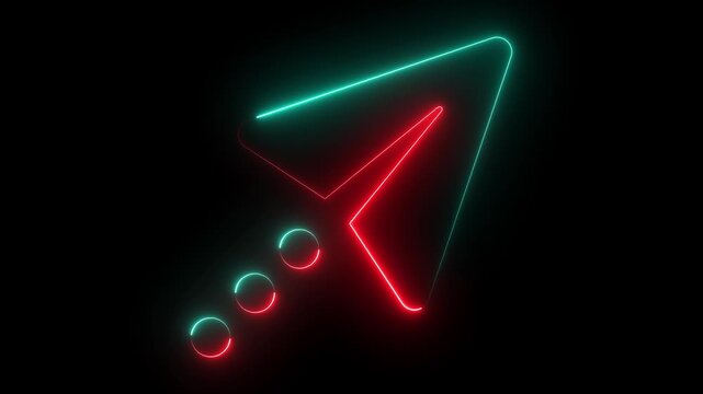 High impact red  and cyan neon paper rocket icon with dark background. Stunning glowing neon  paper plane icon