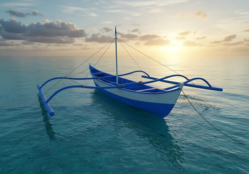 A blue and white outrigger boat floats serenely on clear turquoise waters at sunset, creating a tranquil tropical scene perfect for relaxation and travel inspiration.