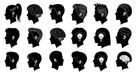 Diverse head silhouettes showcase hairstyles and thoughts, perfect for creative minds and modern designs
