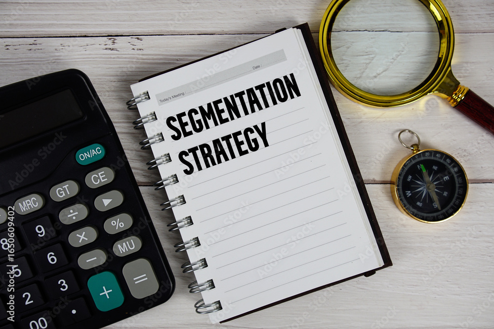 Poster segmentation strategy text with calculator, magnifying glass and compass on wooden background