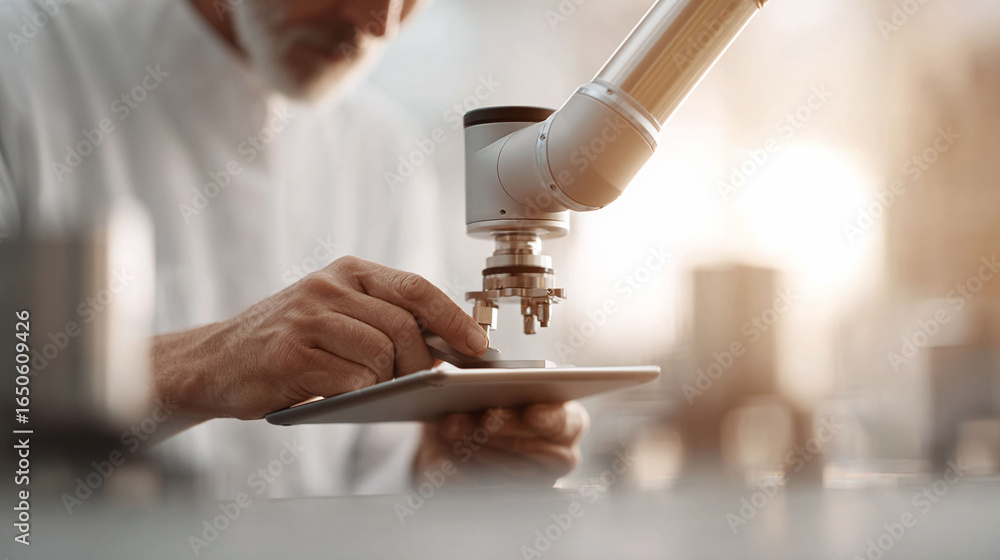 Poster a scientist works with a robotic arm, tablet, and sensor, symbolizing innovation and precision. usef