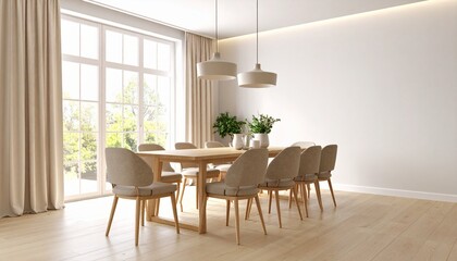 Minimalist modern dining room interior with a long light oak table and chairs by a large window.