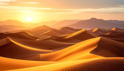 Golden Sunrise over Majestic Sand Dunes in Desert Landscape.