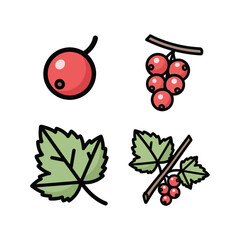 Obraz premium Red currant fruit and leaf icon set. A collection of stylized vector illustrations including a single berry, a cluster, and a green leaf on a white background.