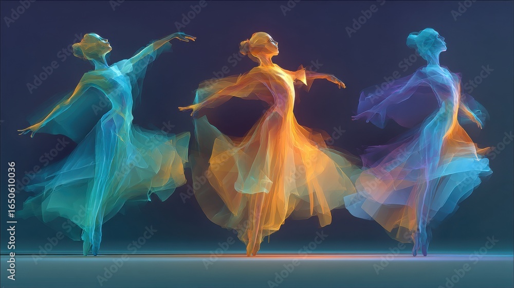 Poster stylized dancer forms with minimal color and motion blur