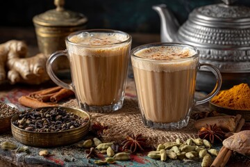 Two glasses of chai tea garnished with spices on a textured surface A tea kettle sits in the background