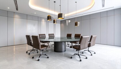 Luxurious corporate boardroom with a large circular glass table and modern design