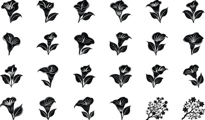 Black Floral Silhouette Vector Icons Set – Decorative Botanical Flower Clipart Bundle for Logos, Patterns, Invitations, and Digital Art