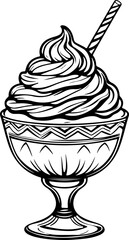 Swirled Ice Cream in Ornate Glass – Black and White Dessert Illustration with Straw