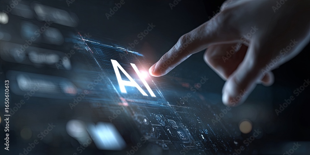 Aufkleber hand reaching towards ai button on digital screen surrounded by file icons and search symbols repres