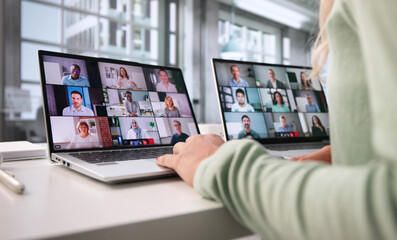 Woman Leading Virtual Business Meeting Via Computer Screen