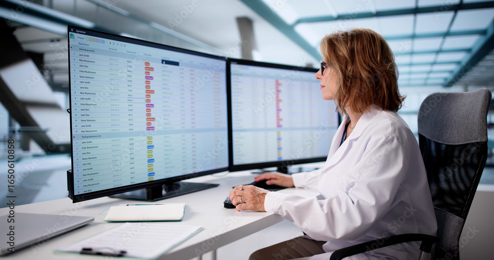 Poster senior nurse using clinical coding on computer